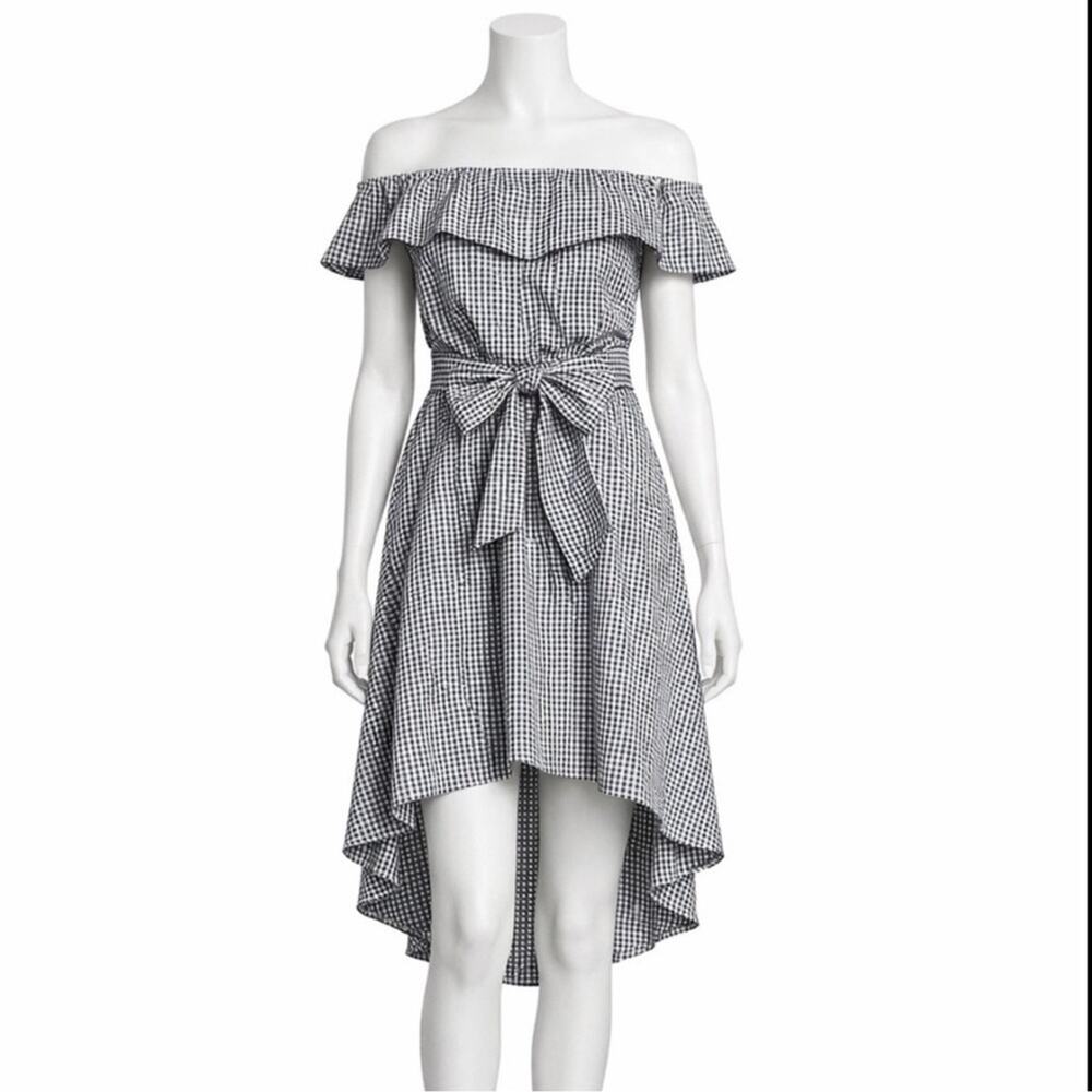 Saks Fifth Avenue Gingham Off-Shoulder Hi-Low Dress Tie Waist Black White M - Picture 7 of 9